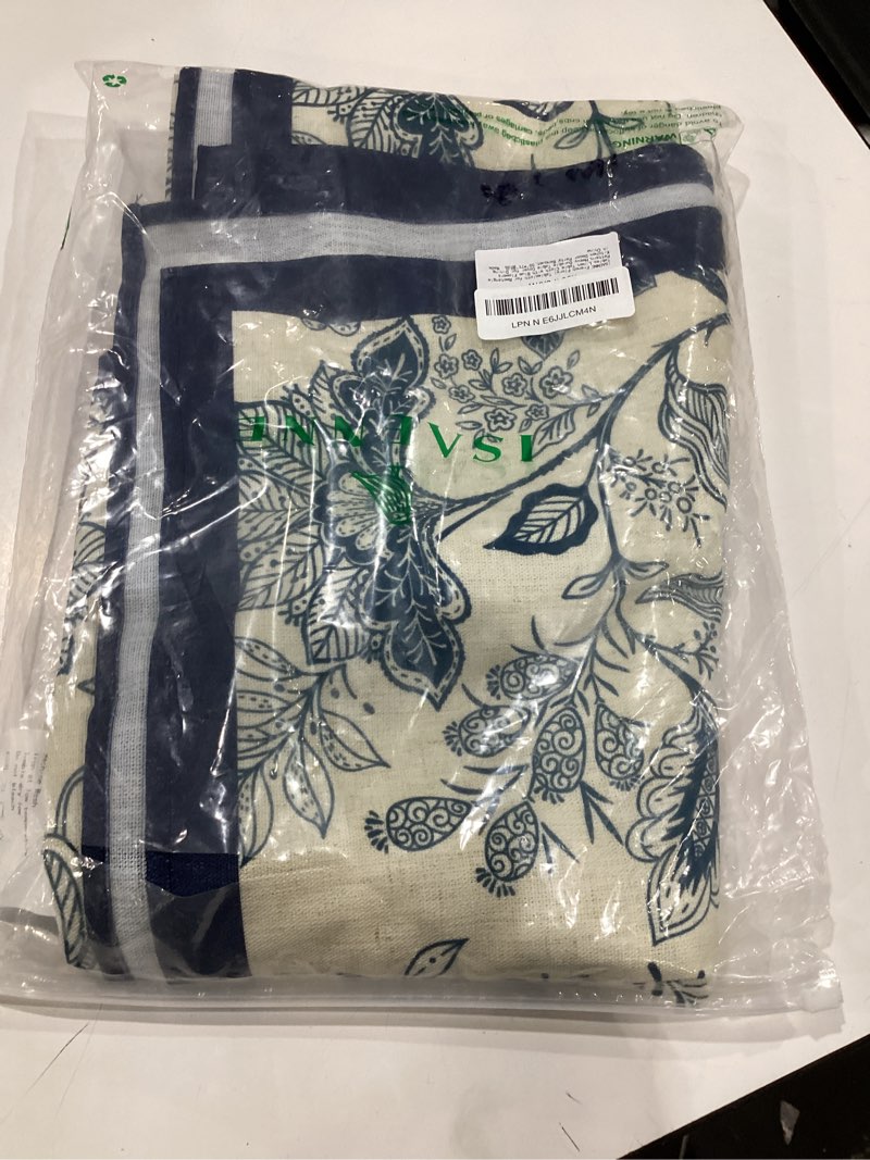 Condition photo showing New/Like New for isaenne designer vintage linen rectangular tablecloth,71"x55"-ruyi b | french elegant table cloth rectangle table,blue floral pattern,decor,heavyweight,dining,kitchen,tea party,thanksgiving ruyi b 71" x 55" (rectangular)