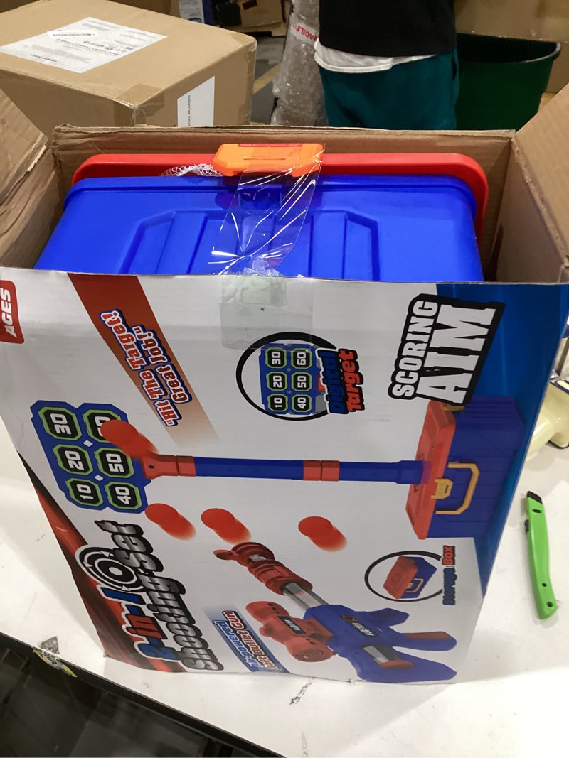 Condition photo showing New/Like New for 2 IN 1 Shooting Game Toys For 5 6 7 8 Year Old Kids, Moving Standing Shooting Target & 2 PCS Foam Ball Popper Air Toy Guns, 24 Foam Balls, 2 Player Boy Toys For Boy Kids, Gifts for Boys and Girls