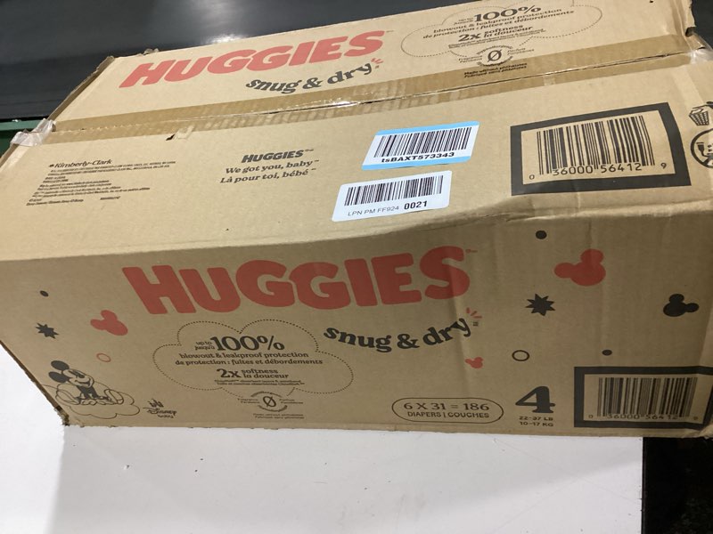 Condition photo showing Good Condition for Huggies Size 4 Diapers, Snug & Dry Baby Diapers, Size 4 (22-37 lbs), 186 Count (6 Packs of 31), Packaging May Vary Size 4 186