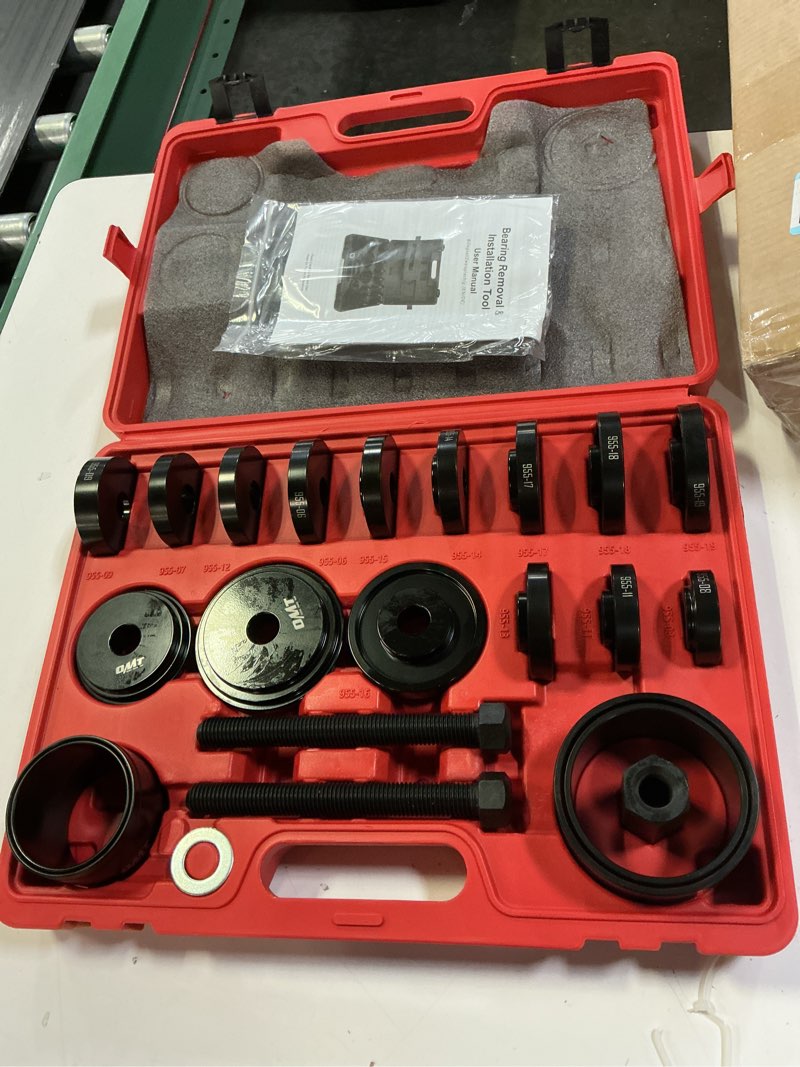 Condition photo showing Good Condition for orion motor tech wheel bearing press kit for front wheel drive bearing removal & installation, 24pc wheel bearing puller tool set with sliding screws universal bushings sleeves storage case red,black