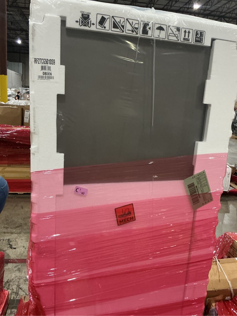 Condition photo showing As Is for samsung 27 cu. ft. mega capacity counter depth 3-door french door refrigerator with dual auto ice maker, stainless steel, rf27cg5100sraa