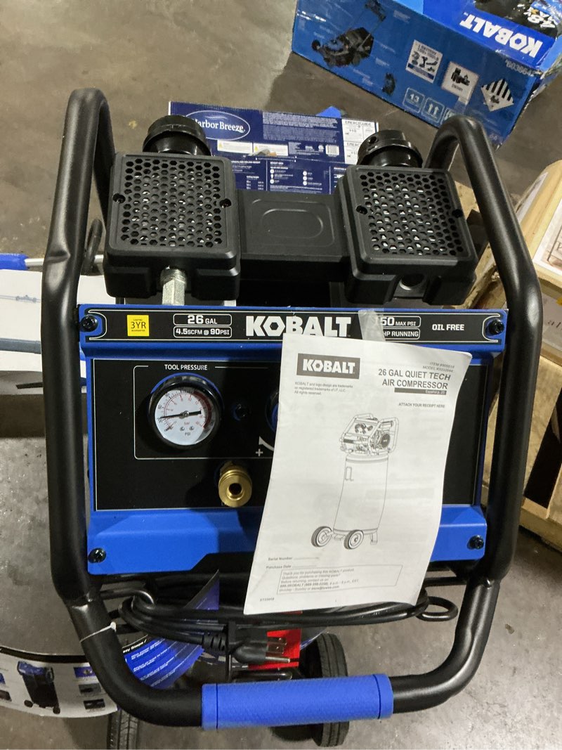 Condition photo showing Good Condition for small dent kobalt quiet tech 26-gallon portable electric 150 psi vertical air compressor