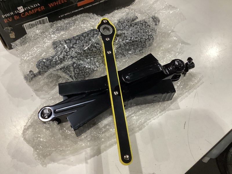 Condition photo showing New/Like New for camper wheel chock stabilizer 2 sets, double speed heavy duty truck rv tire scissor locking x chock, camper accessories for travel trailers tire chalks, anti rust coating, fit for 3.5” to 12” tire spacing:3.5in-12in