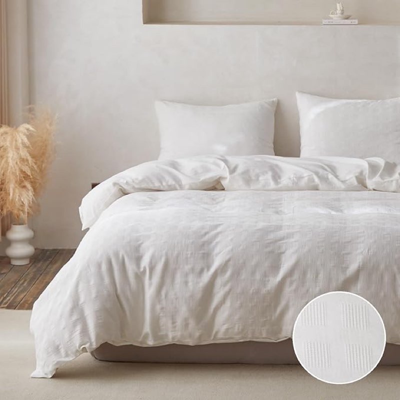 Cotton Duvet Cover Set Waffle Weave 3PCS (1 Comforter Cover, 2 Pillow Shams) Reversible Soft Skin-Friendly Breathable Shabby Chic Bedding for All Season - White, Queen Size
