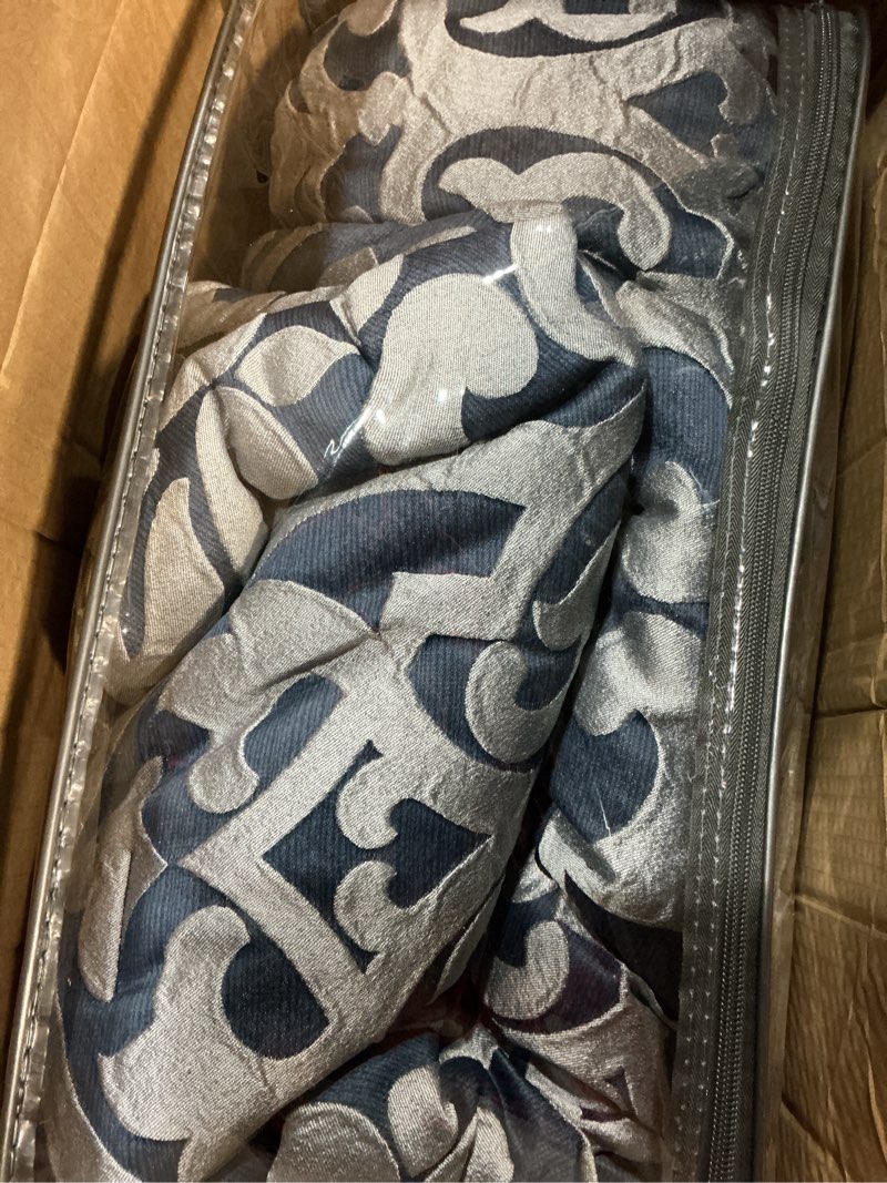 Condition photo showing Good Condition for Madison Park Odette Cozy Comforter Set Jacquard Damask Medallion Design - Modern All Season, Down Alternative Bedding, Shams, Decorative Pillows, Queen(90 in x 90 in),Navy 8 Piece Navy/Grey Queen (90 in x 90 in)