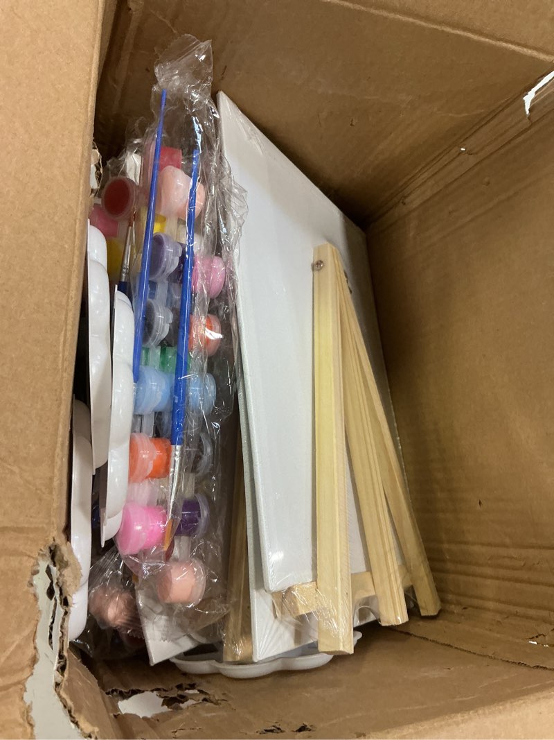 Condition photo showing New/Like New for 10 Set Acrylic Paint Canvas Set – 8x10 Inch Mini Canvas Painting Kit with 10 Wood Easels, 20 Brushes, 12 Paint Sticks, 10 Palettes – Art Supplies for Kids & Beginners, Ideal for Parties & DIY Painting 8 x 10inch