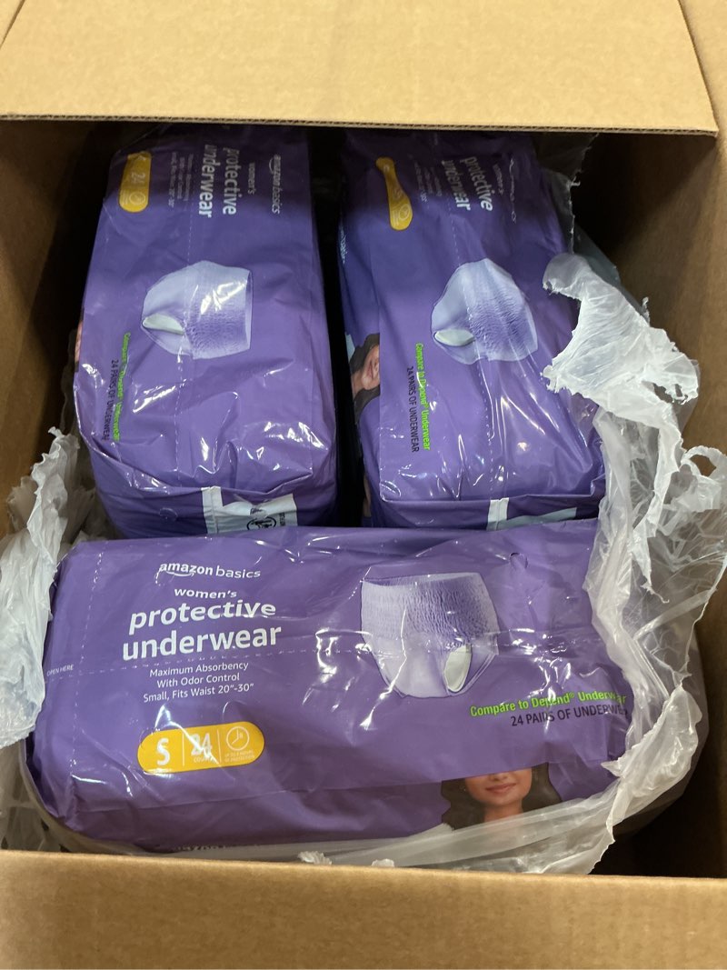 Condition photo showing New/Like New for Amazon Basics Incontinence Underwear for Women, Protective, Disposable, Postpartum, Maximum Absorbency, Small, Lavender, 72 Count (3 Packs of 24) Small 72