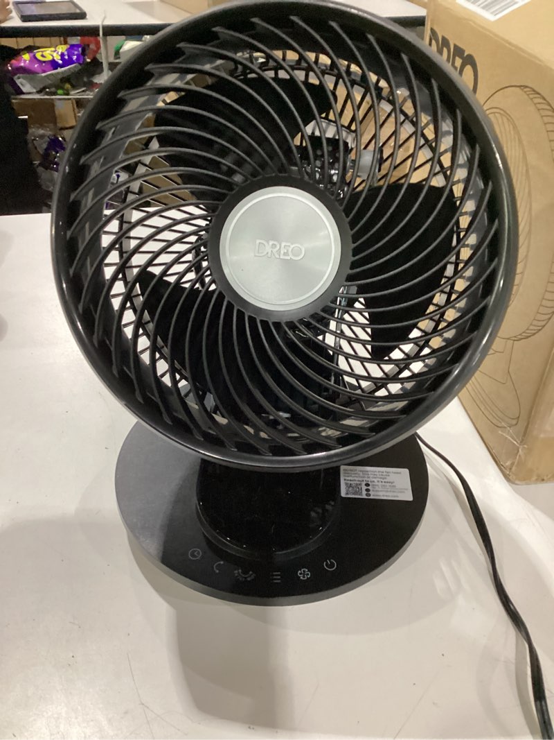 Condition photo showing As Is for used not tested dreo smart fan for bedroom, powerful 85 ft airflow, 12 inches, desk fans in 20db quiet, 90°+90° oscillating fans, app/voice control, 9 speeds & 8/12h timer for home office dorm black