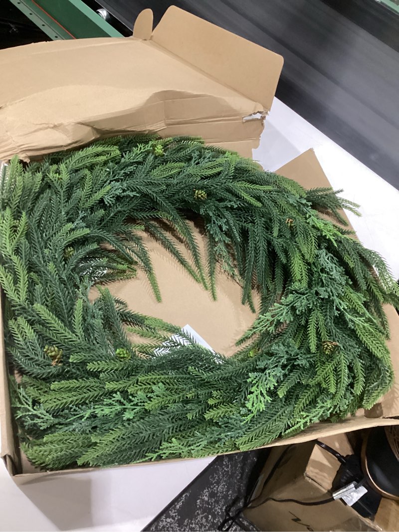 Condition photo showing Good Condition for 30" norfolk pine wreaths for front door,christmas cedar wreath greenery aound year, diy large artificial greenery christmas outdoor wreath for porch,window,farmhouse,home,holiday,hanging decor