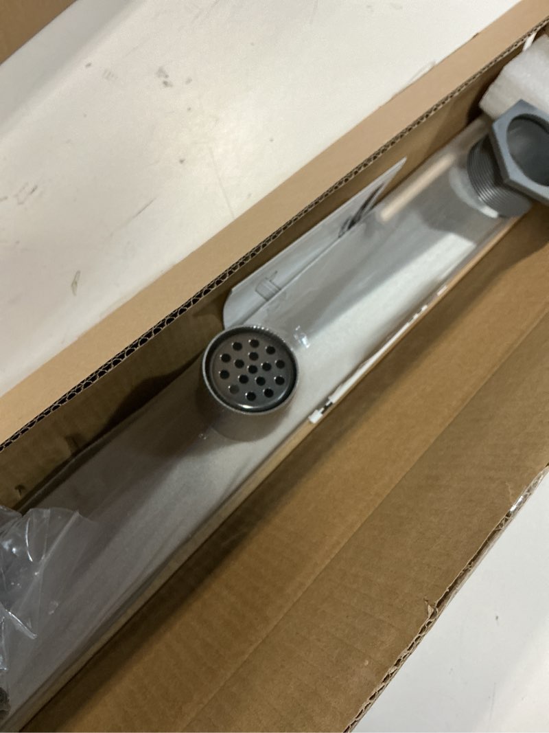 Condition photo showing New/Like New for Linear Shower Drain, Shower Drain 28 Inch(Brushed Nickel), Modern 304 Stainless Steel Shower Floor Drain with Grate Removable, Adjustable Leveling Feet, Rectangular Shower Drains for Bathroom Brushed Nickel 28IN