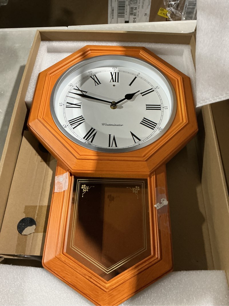 Condition photo showing Good Condition for bestime 66236a plastic pendulum clock wood grain color.sturdy frame.westminster chime every hour,elegant,traditional schoolhouse,home,office,living room,bedroom.