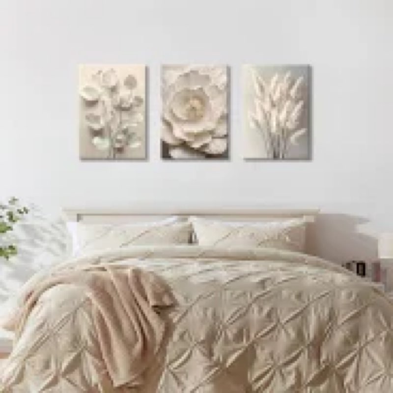 3Pcs Beige Floral Botanical Frame Canvas Wall Art, Neutral Textured Flower Plant Wall Painting Pictu