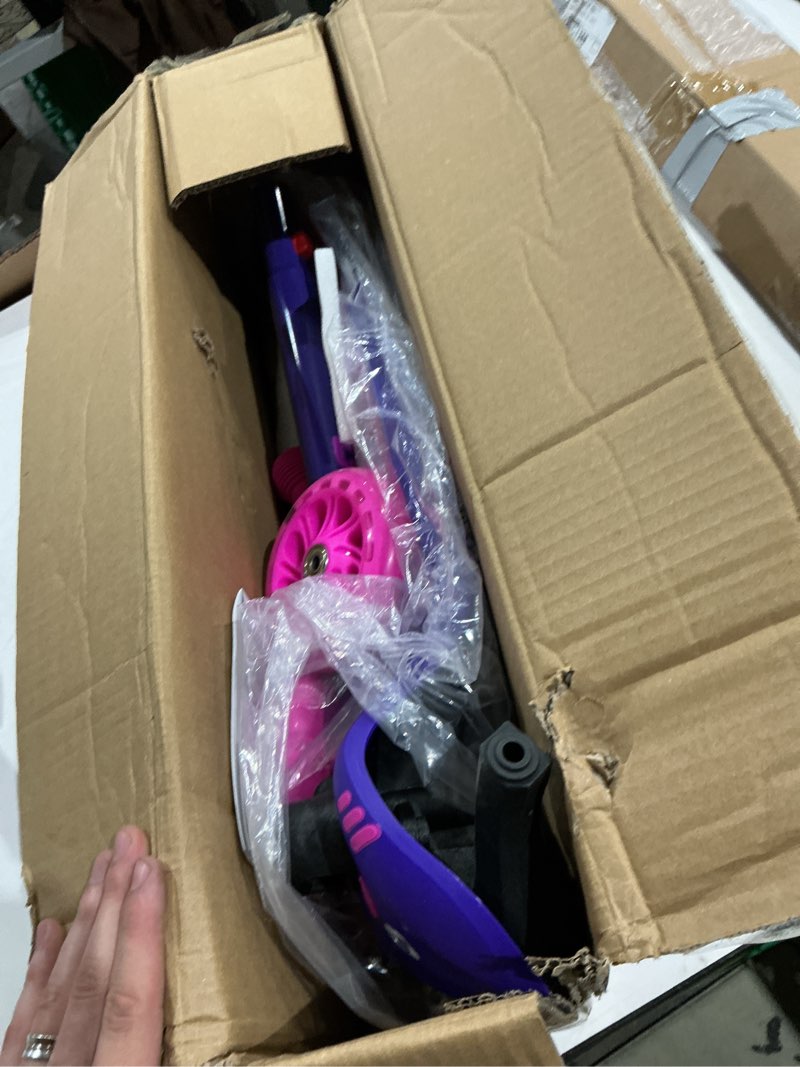 Condition photo showing As Is for gotrax ks1 kids kick scooter, led lighted wheels and 3 adjustable height handlebars, lean-to-steer & widen anti-slip deck, 3 wheel scooter for boys & girls ages 2-8 and up to 110 lbs darkviolet