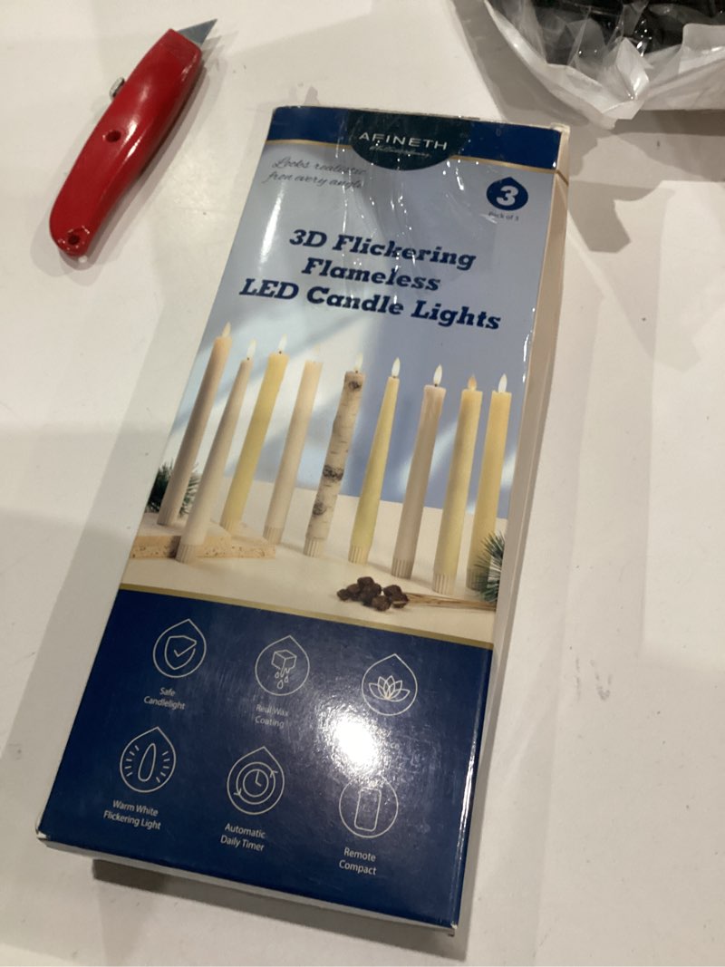 Condition photo showing New/Like New for Flameless Taper Candles with Rmote, 9.6" Real Wax Battery Operated Candles with 3D Wick, 3 Pack Led Flickering Candlesticks, Electric Candle for Home, Wedding, Party, Decor, White