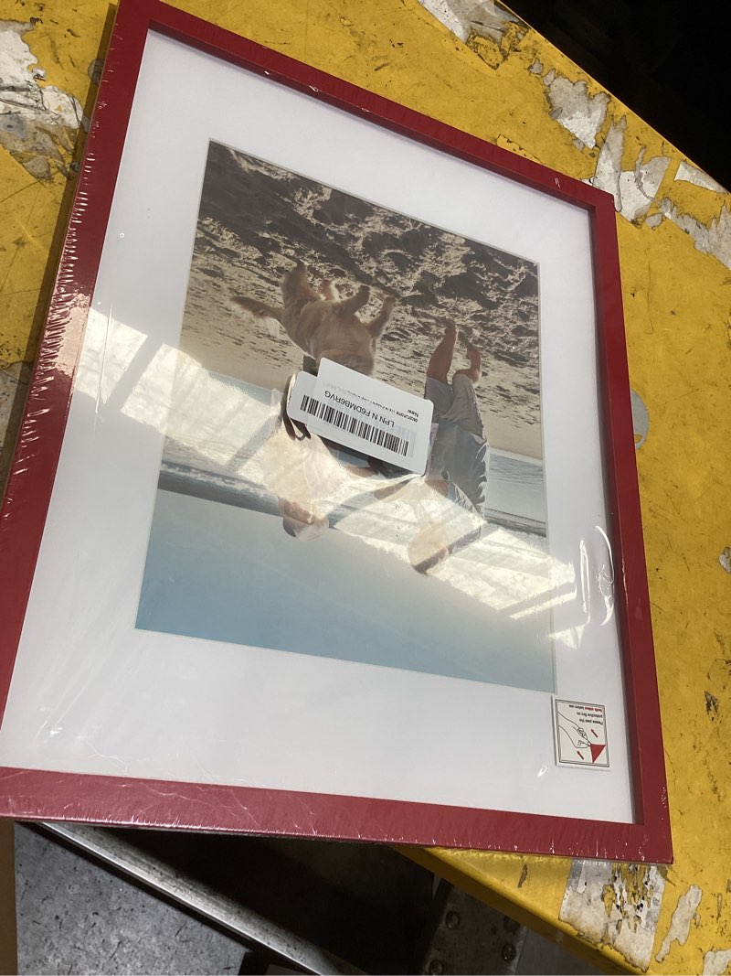 Condition photo showing As Is for decoruhome 11x14 picture frame, fits 8x10 photos with mat, m01rd | red engineered wood 11x14 photo frame with high definition plexiglass cover for wall mounting, 1 pack red 11x14