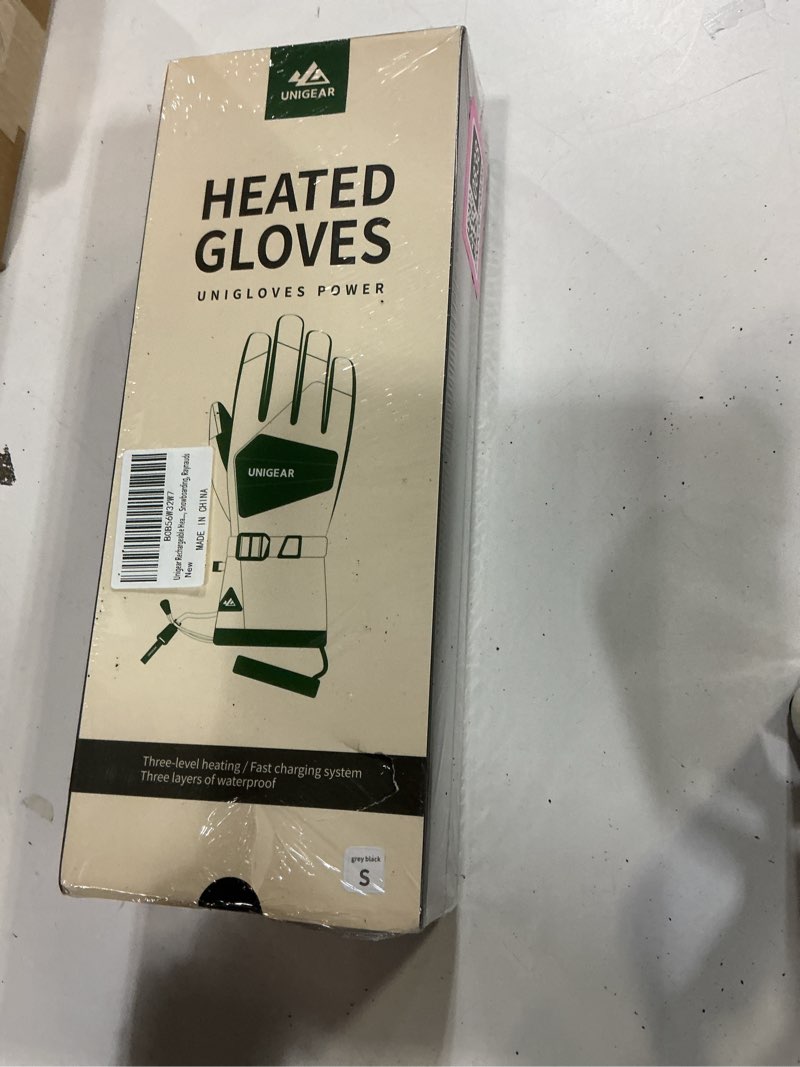 Condition photo showing New/Like New for Unigear Rechargeable Heated Gloves for Men Women, 3 Heating Level Electric Battery Ski Gloves, Thinsulate Waterproof Winter Touchscreen Leather for Outdoor Work, Snowboarding, Raynauds Small Gray Black