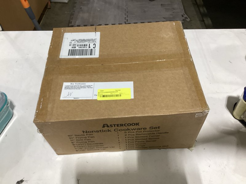 Condition photo showing New/Like New for astercook 22 piece pots and pans set non stick, cookware set with detachable handles, oven safe, induction ready, stackable rv kitchen cooking set, cream white