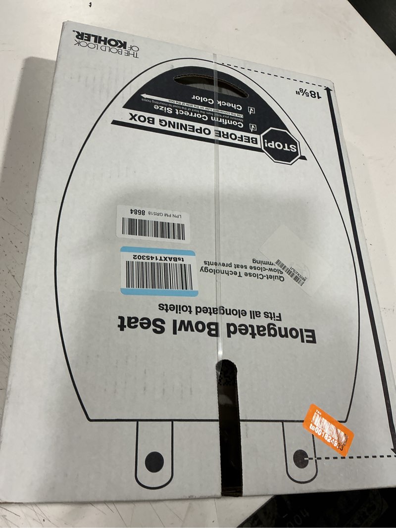 Condition photo showing New/Like New for kohler 20110-0 brevia, slow close toilet seat, elongated toilet seat, grip-tight bumpers quick-attach hardware, white white elongated quiet-close