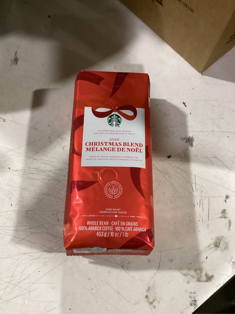 Condition photo showing New/Like New for starbucks christmas blend whole bean coffee 16oz, dark roast 100% arabica, rich spiced chocolate & spruce notes, limited holiday edition, bold, festive flavor from sumatra & latin america