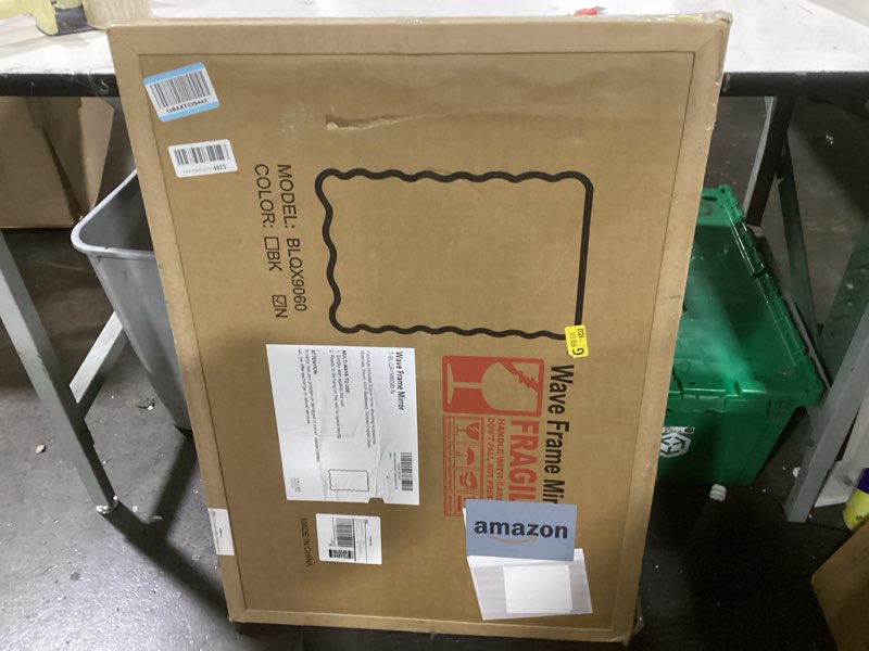 Condition photo showing Good Condition for Bathroom Mirror for Wall, 24"x36" Boho Wavy Wood Mirror Large Full Length Decorative Mirror with Tempered Glass, Natural Wooden Frame Vanity Mirror for Bedroom, Living Room, Entryway Natural a 36"L x 24"W