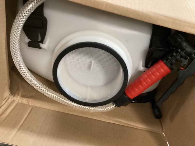 Condition photo showing As Is for chapin 61800 backpack sprayer, 4?gallon proseries, translucent poly tank, 3?stage filtration, adjustable brass & poly nozzles, 20" wand, 48" hose for lawn & garden weed, pest, fertilizer applications manual pump