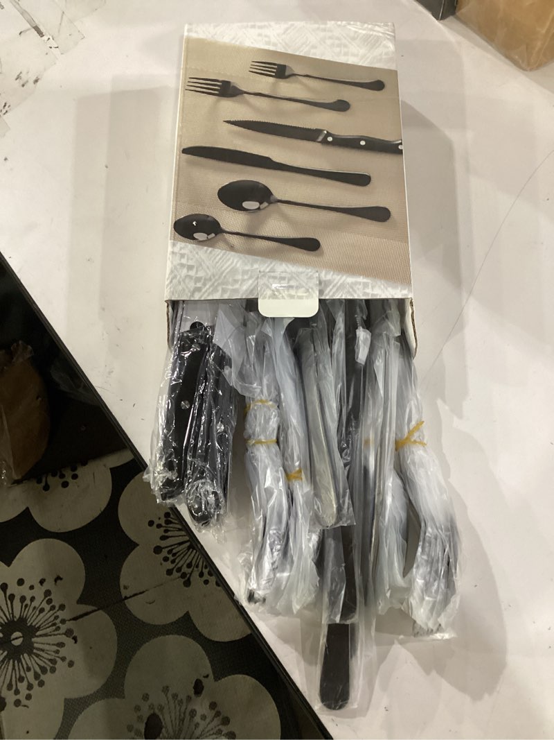 Condition photo showing New/Like New for astercook silverware set 48-piece black flatware set with steak knives food-grade stainless steel cutlery set for 8 mirror polished utensils set include spoons and forks for home kitchen restaurant 48 pcs elegant black pro