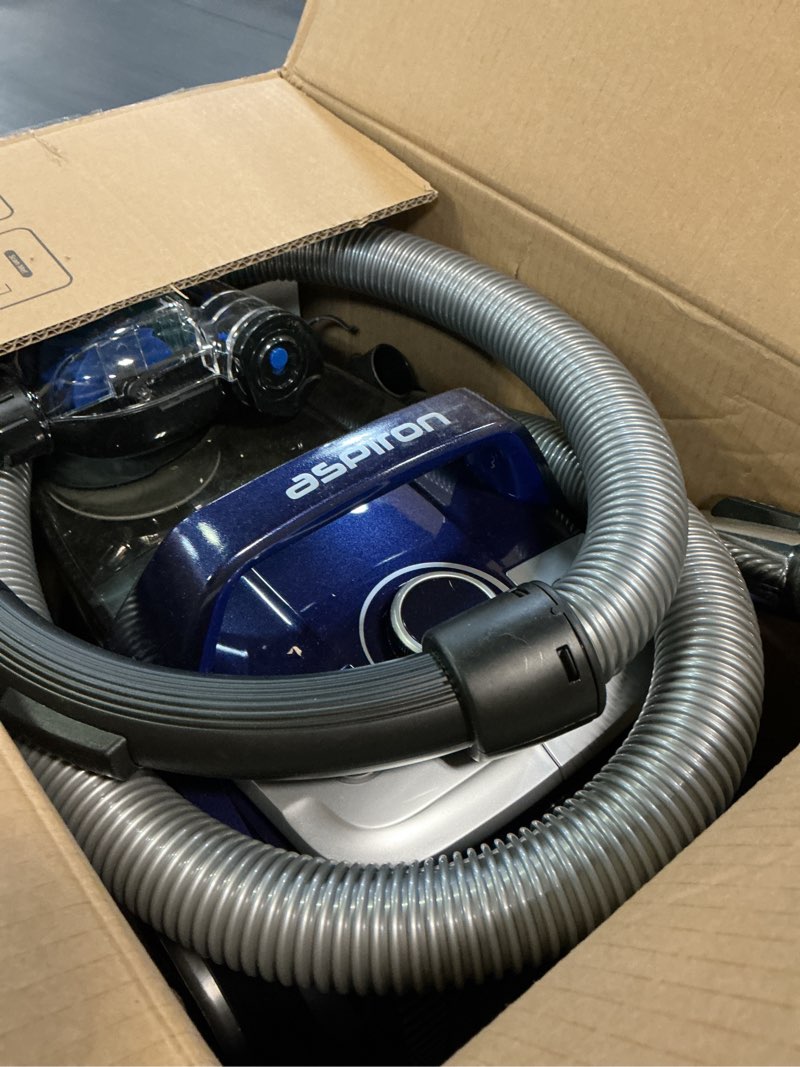 Condition photo showing Good Condition for aspiron canister vacuum, upgraded 1600w bagless canister vacuum cleaner, auto cord rewind, h13 hepa filter, 4qt large capacity, 5 tools for hard floors, carpet, pet, upholstery, tiles, sapphire