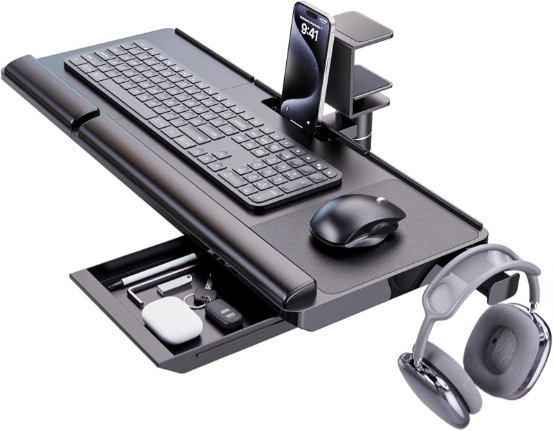 adjustable ergonomic keyboard tray with 360° rotation, wrist rest & storage draw