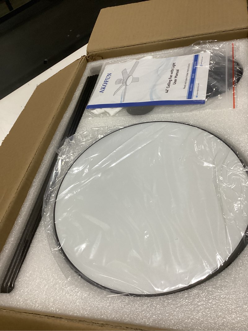Condition photo showing Good Condition for akofun ceiling fans with lights and remote, 44" low profile ceiling fan with light, app, 6 speed, dimmable, dc motor, quiet, timer, flush mount modern led ceiling fan for bedroom living room, black black 44 inch