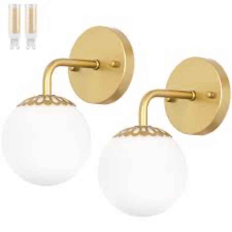 Mid Century Bathroom Wall Sconce - Set of 2 Modern Brushed Gold Brass Sconces - Frosted Milk White G