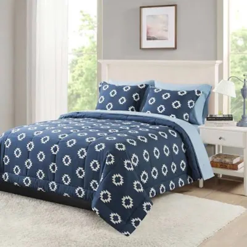 mainstays all in one reversible comforter and sheet set- 7 piece, king, navy geo in 25+ people's carts best