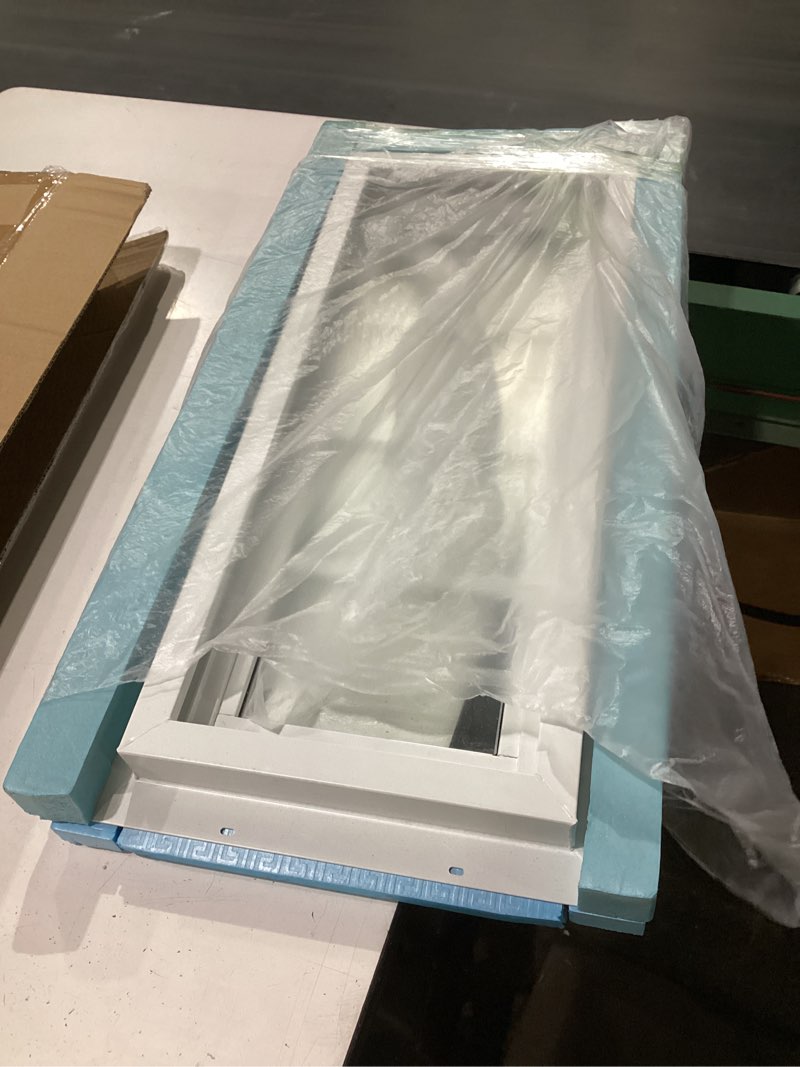 Condition photo showing New/Like New for 10" x 23" vinyl transom window, white | double pane household fixed window with grids and tempered glass for house, above doors, garage, hallways 10" x 23" white