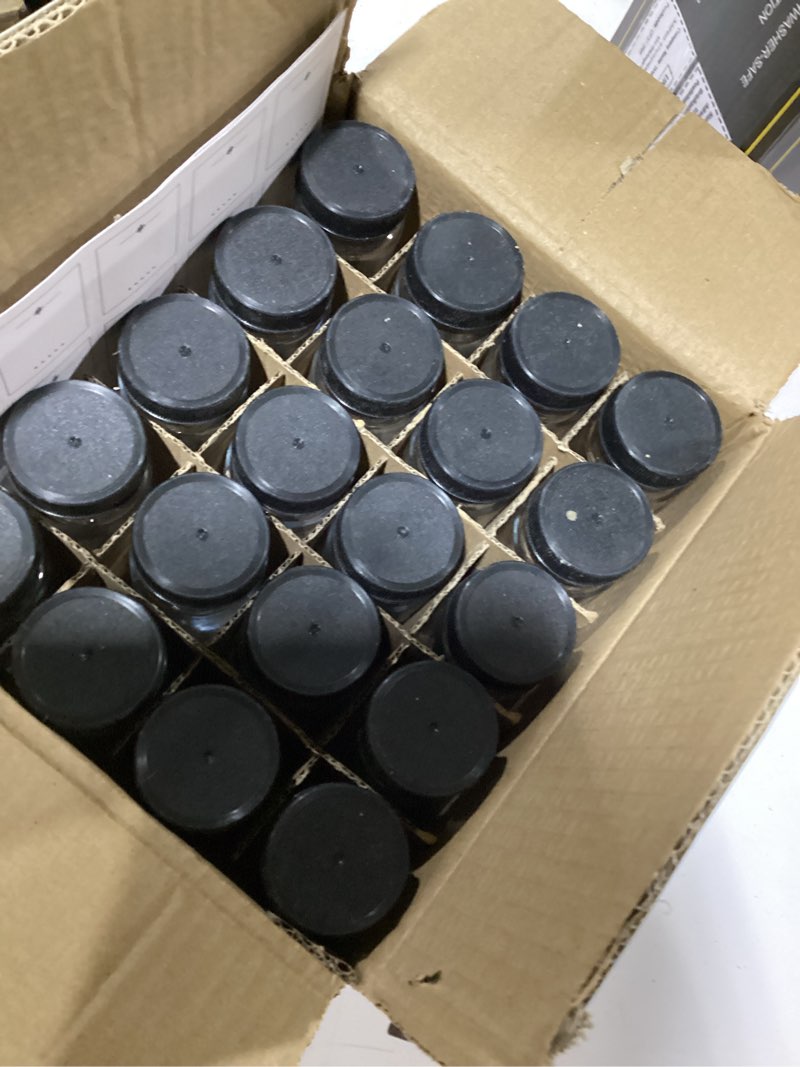 Condition photo showing New/Like New for 20 PACK 2 oz Glass Shot Bottles w/ Black Lids & 20 Labels - Small Clear Jar for Ginger, Wellness Sho