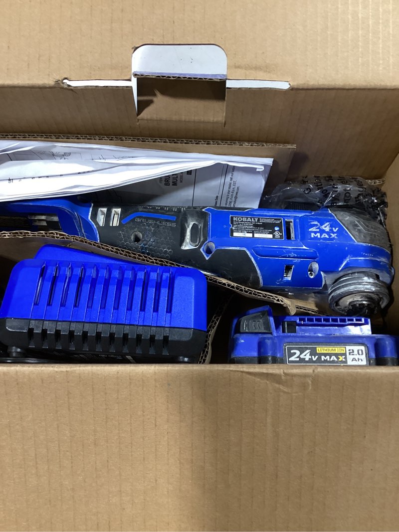 Condition photo showing As Is for kobalt 24-volt cordless brushless variable 17-piece oscillating multi-tool kit with soft case (1-battery included)