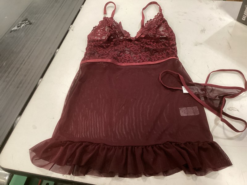 Condition photo showing Good Condition for Small Sexy Sheer Mini Bodycon Babydoll Lace Lingerie Set Sleep Dress with Thong 2 Piece Outfits Small Maroon