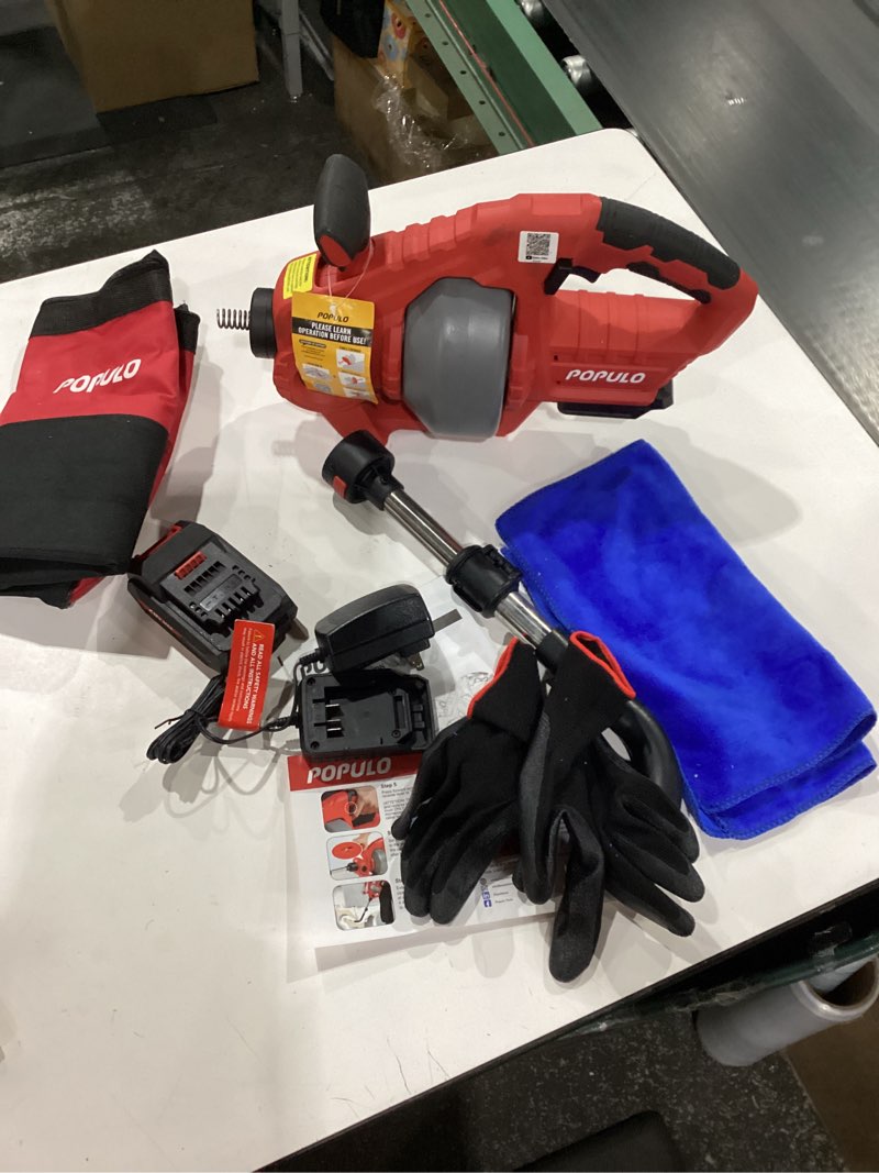 Condition photo showing As Is for POPULO 20V Cordless Electric Drain Snake, 25Ft Replaceable Cable with 2.0Ah Battery, Extension Tube & Charger, Snake Drain Clog Remover Tool for Toilet, Floor Drain, Sink and Shower 3/4"-2" Pipe Iteration model