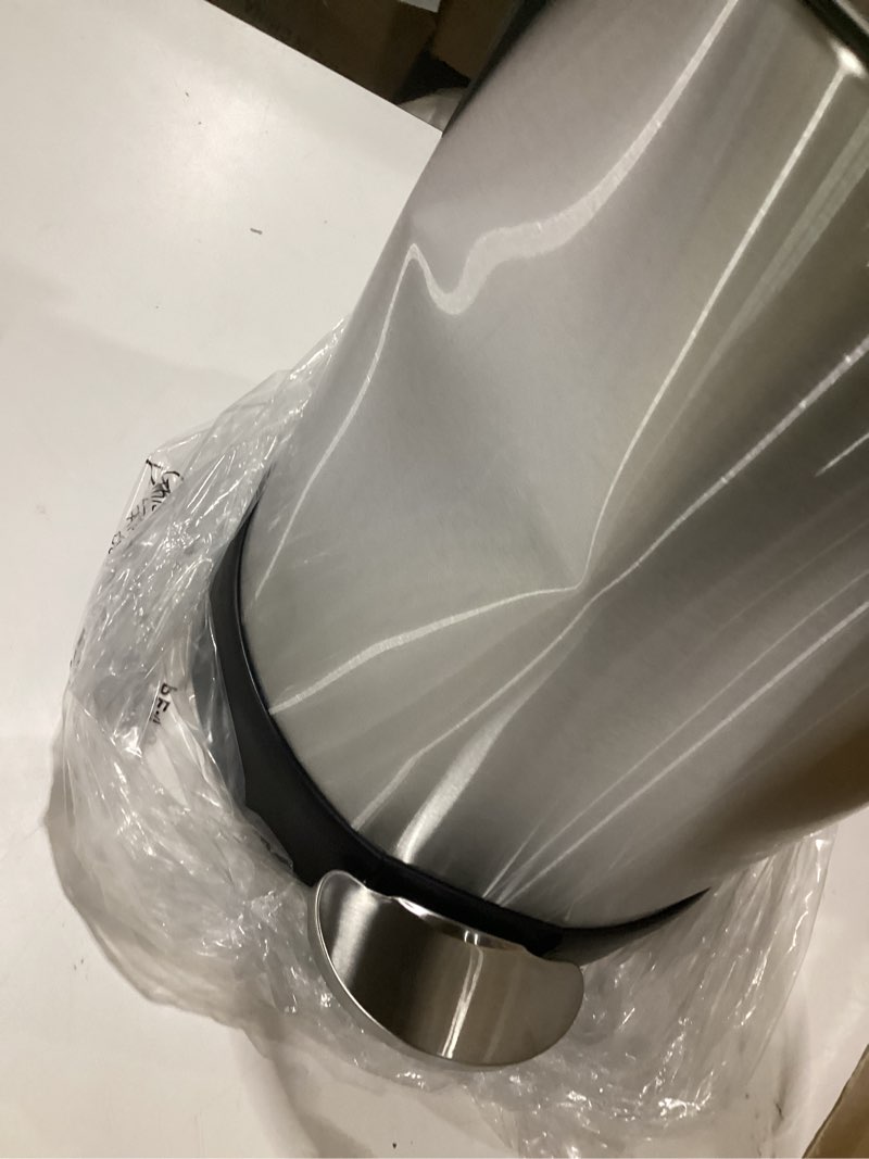 Condition photo showing As Is for glad small trash can, 1.2 gallon | round stainless steel garbage bin with soft close lid & step foot pedal | metal waste basket with removable inner bucket, stainless, 8 x 9.5 x 12 inches, dented