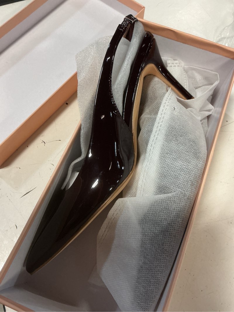 Condition photo showing New/Like New for women's slingback stiletto high heels pointed toe slip on pumps shoes patent leather stretch strap backless dress heels 8 cherry red