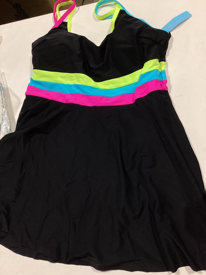 Condition photo showing Good Condition for popvil women one piece swimsuit 2026 tummy control bathing suit neon modest swim dress with skirt full coverage x-large black&neon