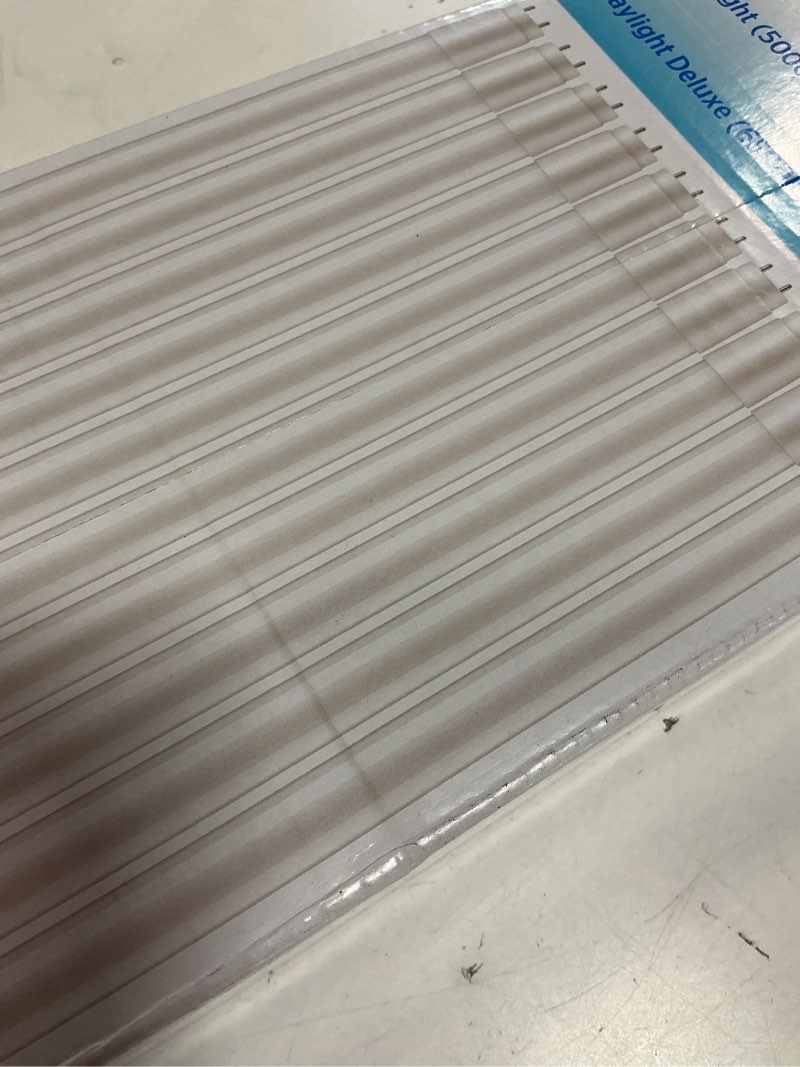 Condition photo showing Good Condition for similar ledone t8 4ft tube light bulbs, frosted type b single or double ended, 5000k daylight, 9w, 1750lm, 120-277v glass tube, dlc ul nsf listed, 25 pk