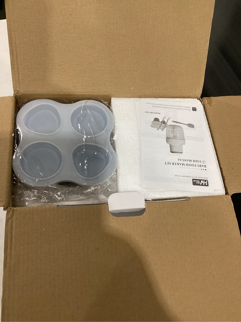 Condition photo showing New/Like New for baby food maker, heyvalue 13-in-1 larger baby food processor set, fruit, vegatable, meat, puree blender with baby containers, food freezer tray, silicone spoons, spatula,20 oz(gray)