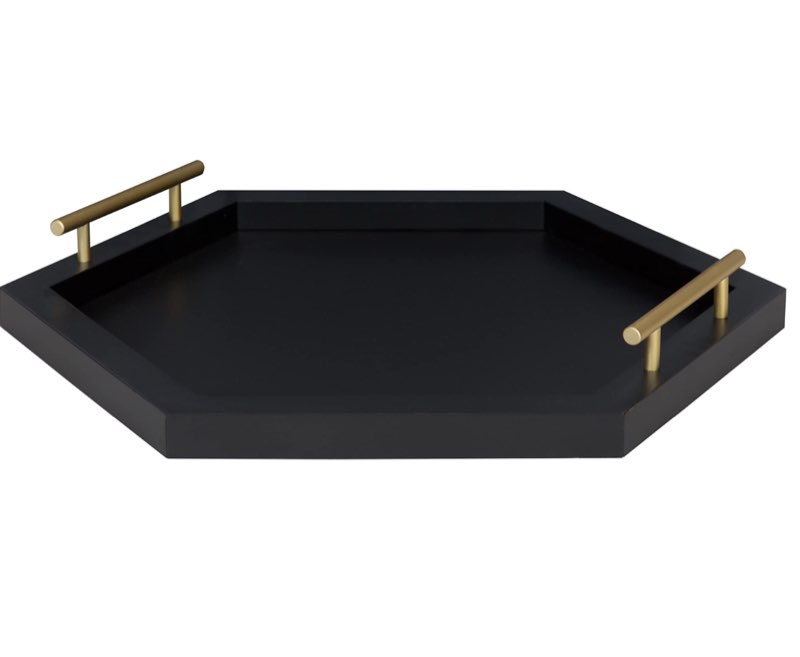 Kate and Laurel Halsey Hexagon Decorative Wood Tray with Polished Metal Handles, Black and Gold