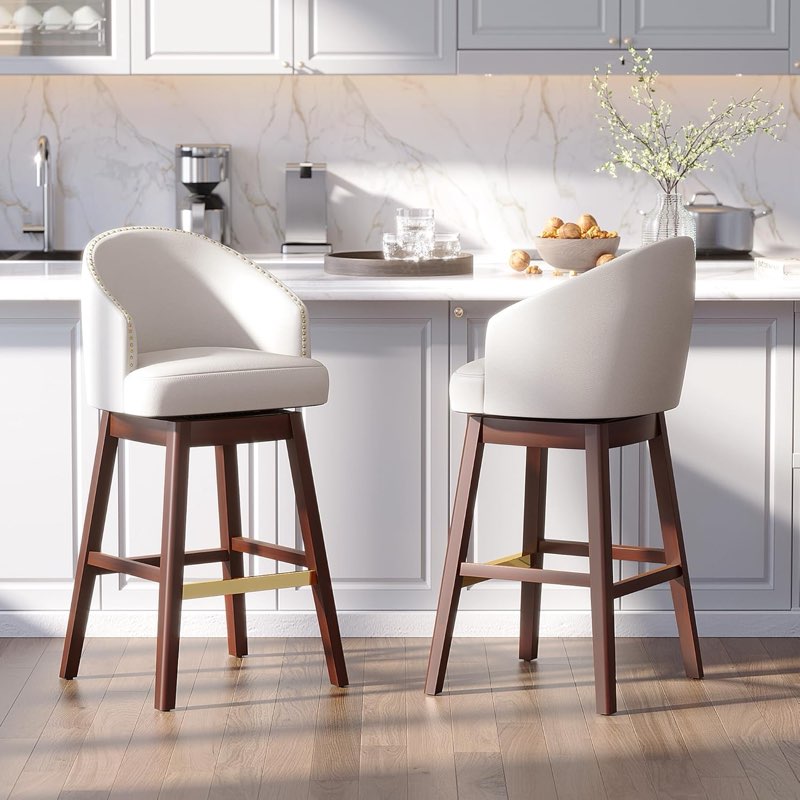30 Inch Bar Height Stools Set of 2 Kitchen Island Chairs with Back Tall Barstools Faux Leather Comfortable Swivel Chair for Kitchen Counter Dining Room Furniture(Ivory White Leather)
