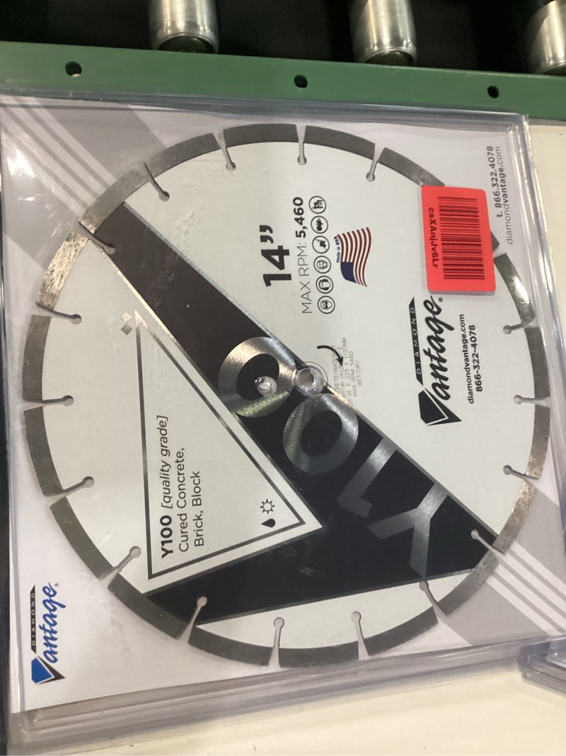 Condition photo showing New/Like New for usa made 14 inch diamond concrete/masonry blade, laser welded diamond segments, 1"/20mm arbor. 12mm segment height. general purpose blade for cured concrete, masonry, and stone. wet/dry cut.