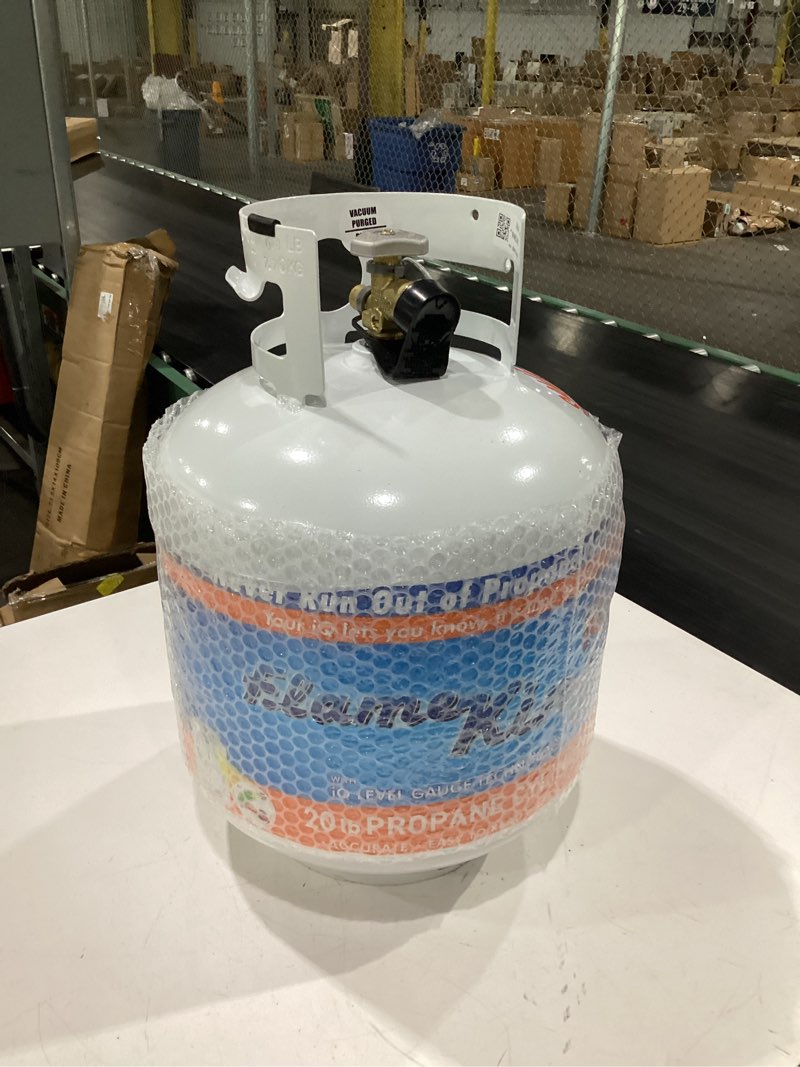 Condition photo showing New/Like New for flame king ysn230 20lb steel propane tank cylinder with overflow protection device valve and built-in gauge, great for grills and bbqs