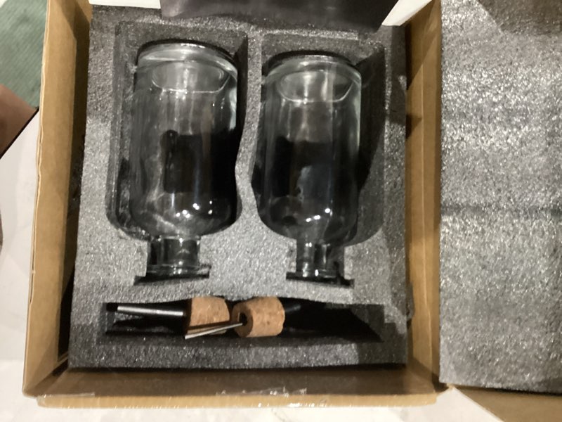 Condition photo showing As Is for olive oil dispenser set with silicone tray & 40 labels - 2 black bottles (500ml / 17oz) for kitchen, soy sauce, coffee syrup
