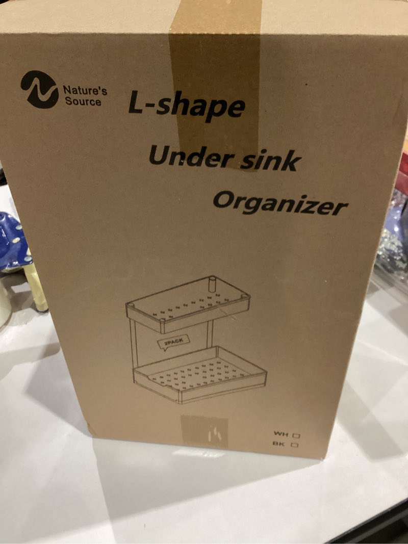Condition photo showing New/Like New for 2 Pack Under Sink Organizer 2 Tier Sliding Cabinet Organizers Multi-Purpose Sink Storage Basket L-Shape Narrow Space Storage Shelves with 4 Hook for Kitchen Bathroom Drawer, Black 2 pack Black