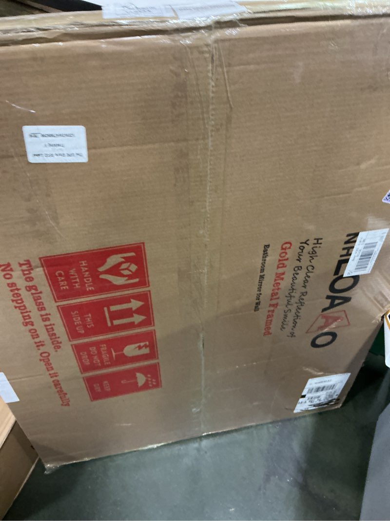 Condition photo showing New/Like New for LOAAO 28”X36” Gold Bathroom Mirror, Rounded Rectangle Gold Frame Mirror, Brushed Gold Bathroom Vanity Mirror Wall-Mounted, Anti-Rust, Hangs Horizontally or Vertically Gold 36"L x 28"W