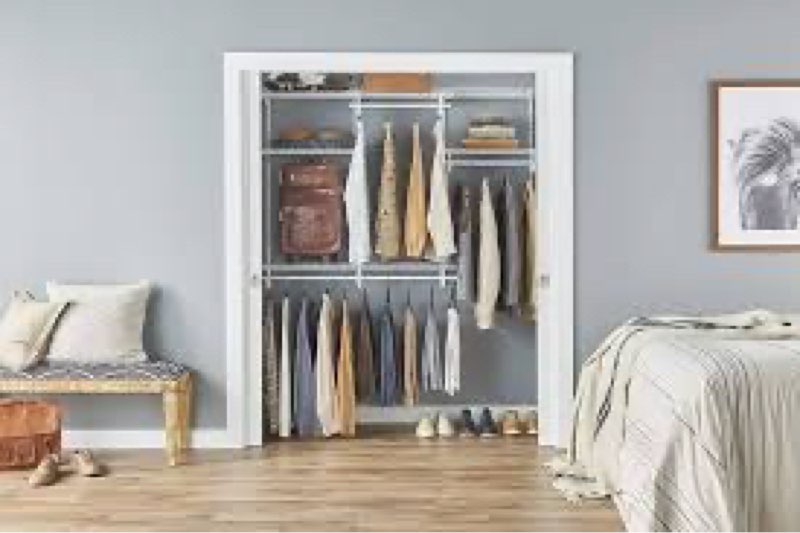closetmaid shelftrack wire closet organizer system, adjustable from 4 to 6 ft., with shelves, clothes rods, hardware, durable steel, white