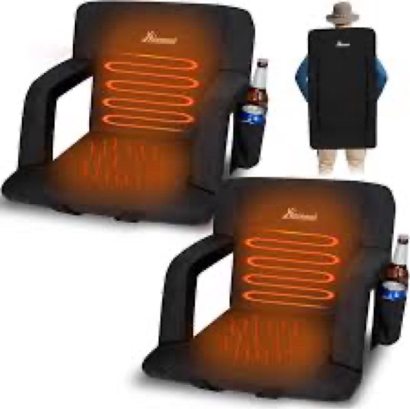 Romswi 2PK Wide Dual-Zone Heated Stadium Chairs for Bleachers with Back Support,3-Level Heating Bleacher Chair,6 Reclining Positions, 5 Pockets & MagicHook for Outdoor (21in / 25in)